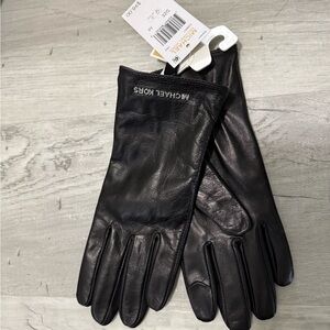 Michael Kors Black Leather Gloves with Logo Detail